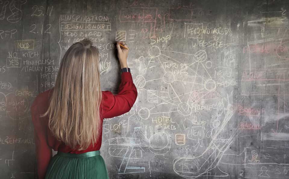 Étudiante au tableau entrain de réaliser une stratégie de communication